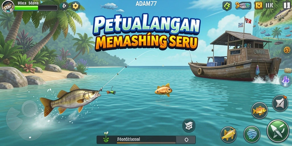 Gameplay ADAM77 yang seru dengan pertempuran ikan.