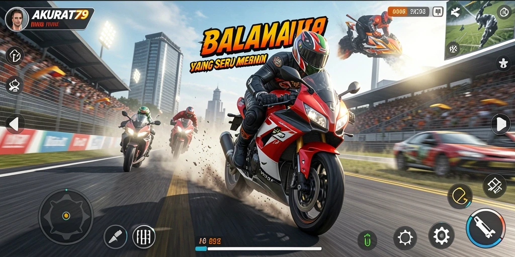 Screenshot gameplay AKURAT79 menampilkan aksi balapan motor yang mendebarkan.