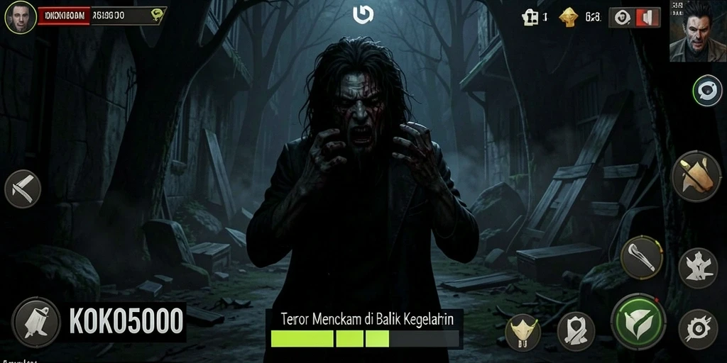 Screenshot gameplay KOKO5000 yang menampilkan suasana horror yang mencekam.