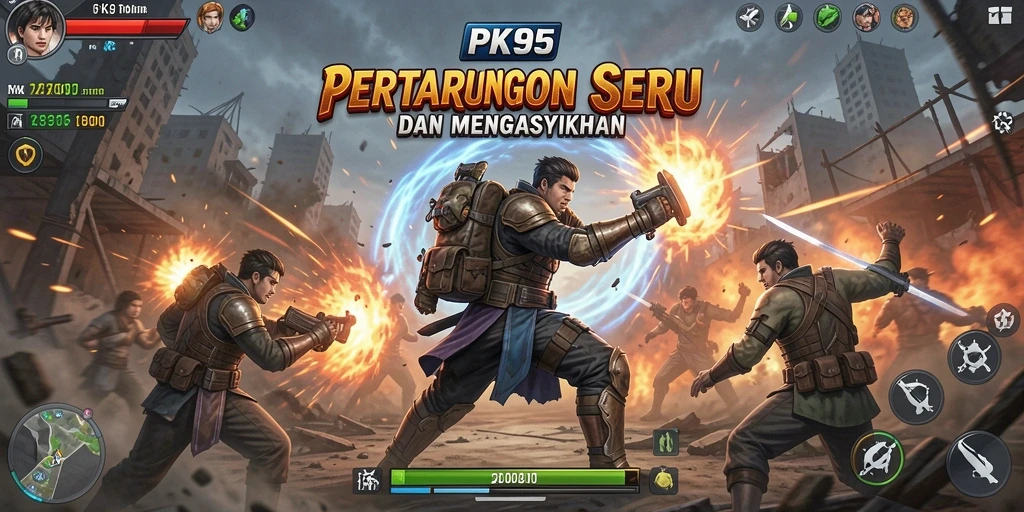 Screenshot gameplay PK95 memperlihatkan pertarungan keren dan karakter yang dinamis.