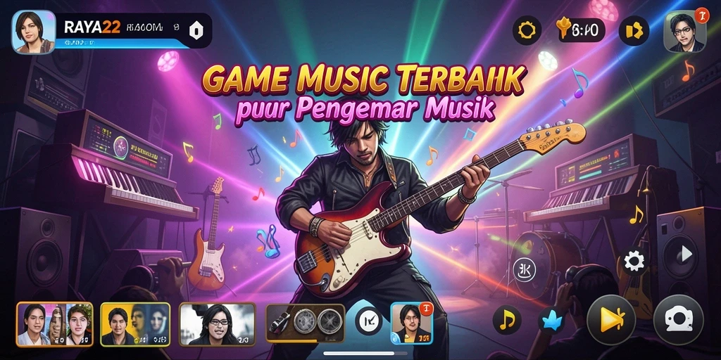 Screenshot utama RAYA22 menampilkan gameplay seru dan interaktif dengan musik.