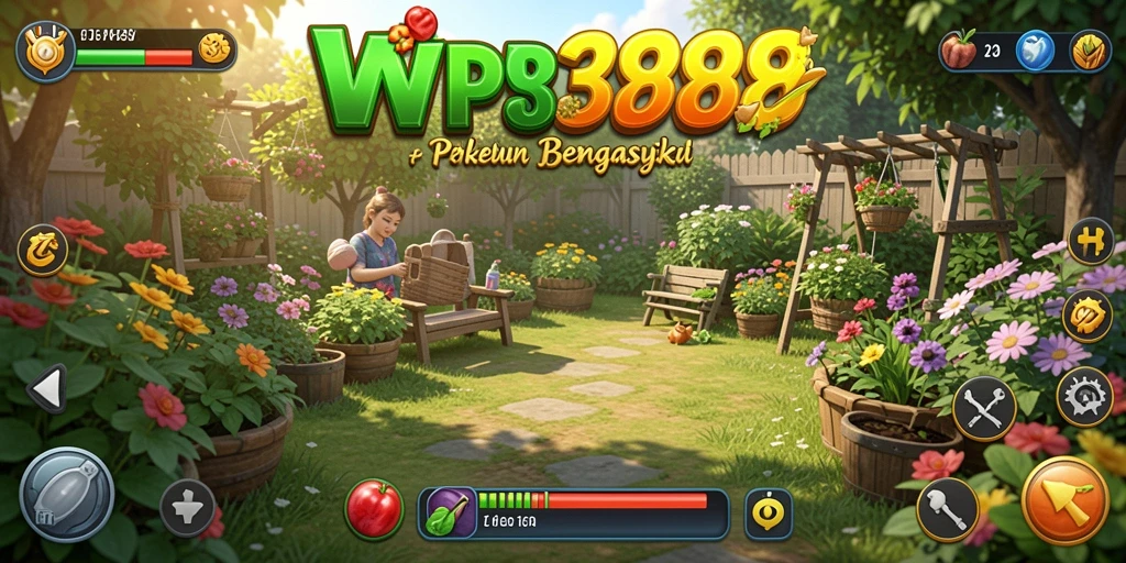 Tampilan gameplay WP888 menunjukkan aktivitas berkebun yang seru dan interaktif.